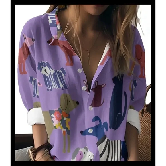 Colorful Dog Print Button-Up Shirt - Picture 1 of 8